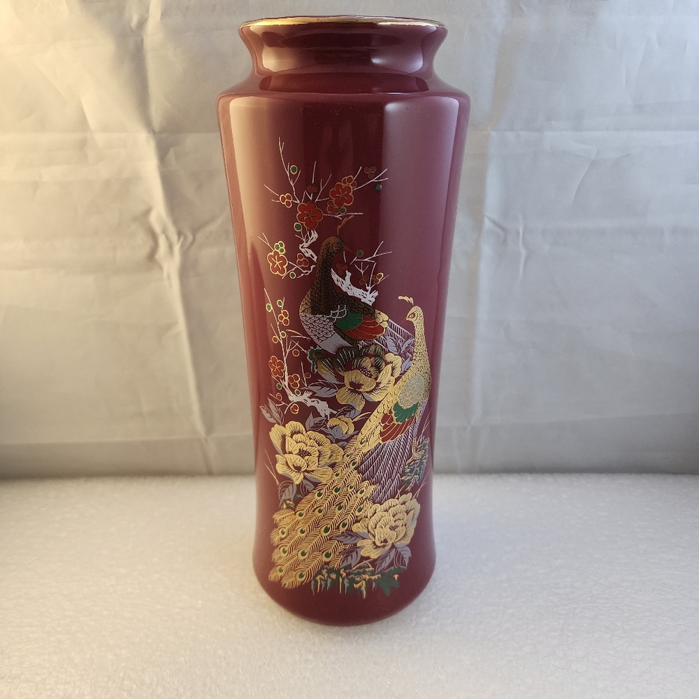 Vtg 10" Japan Burgundy Peacock Vase